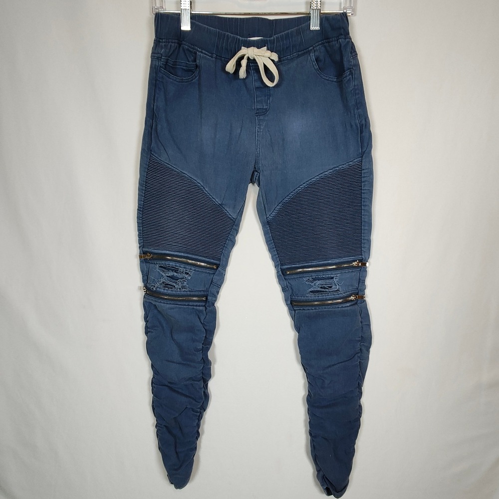 A'GACI Moto Joggers Women's Medium Blue Distressed Ribbed Zipper Stacked Pant
